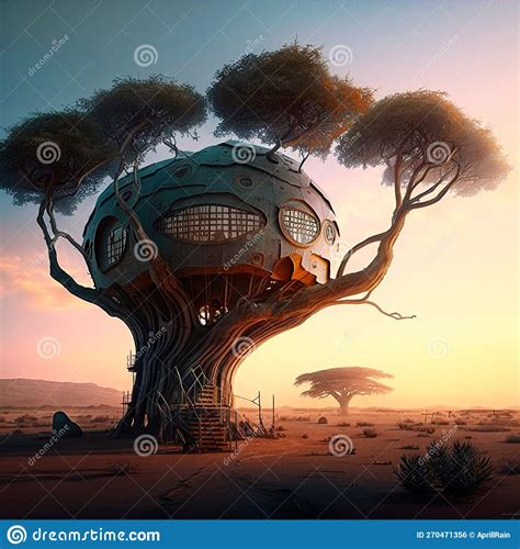 Houses of the Future Located in the Trees at Sunset Stock Photo - Image