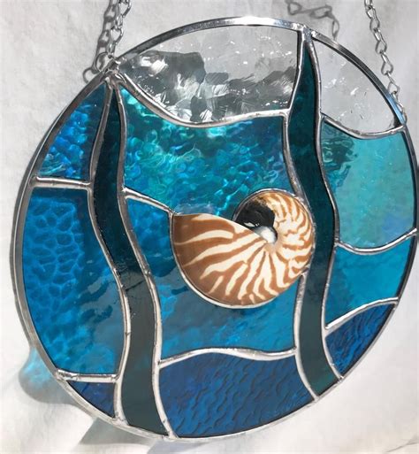 10 Inch Round Stained Glass Panel With Nautilus Shell In A Etsy Stained Glass Panel