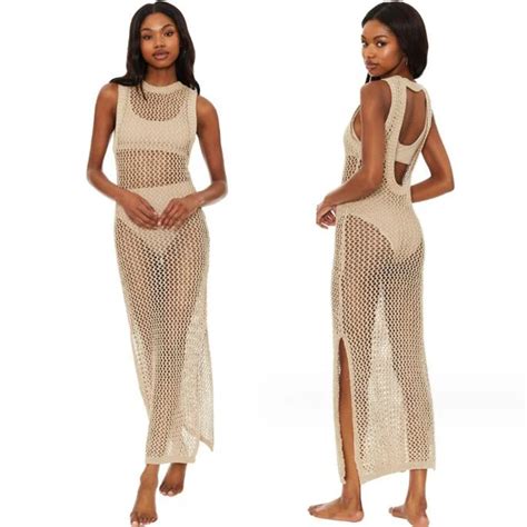 Women Sexy Crochet Bikini Cover Ups Beach Dress Sheer Long Cover Up Knitted Tunic Female