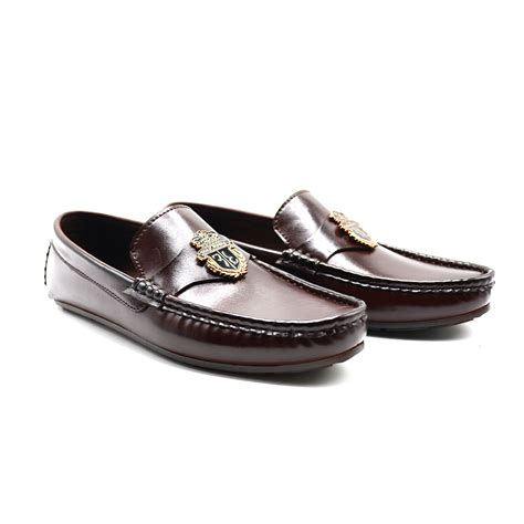Brown Leather Loafers With Gold Emblem Feetall