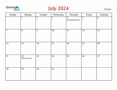 July 2024 Guam Monthly Calendar With Holidays