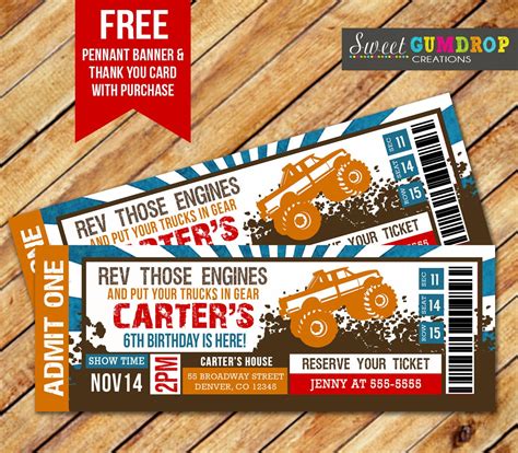 Monster Truck Ticket Invitation Printable FREE pennant