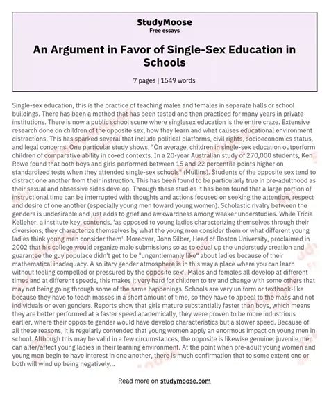 The Benefits Of Single Sex Education Free Essay Example