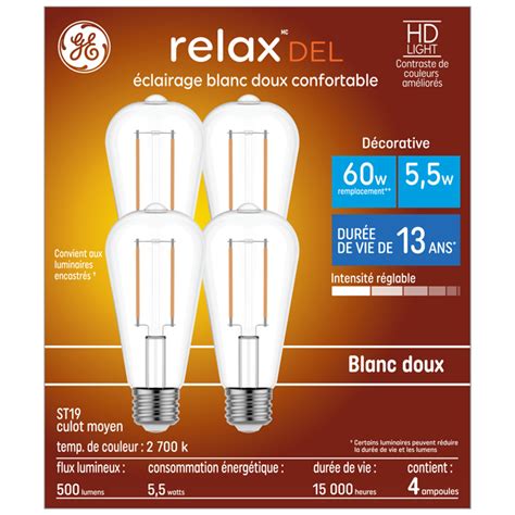 Ampoule DEL Relax ST19 60W EQ Blanc Doux Par GE Lighting 4 Pqt