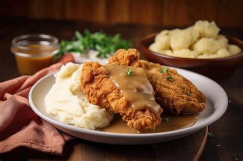 Premium Ai Image Plate Of Fried Chicken And Mashed Potatoes With Gravy Created With Generative Ai