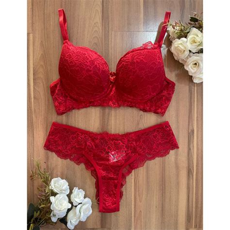 Conjunto De Lingerie Renda Luxo Vermelho Intenso Shopee Brasil