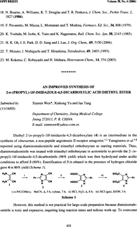 AN IMPROVED SYNTHESIS OF 2 N PROPYL 1H IMIDAZOLE 4 5 DICARBOXYLIC