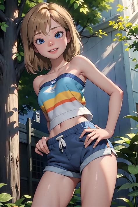 Detailed Face Short Blonde Hair Blue Eyes Wearing Strapless Top