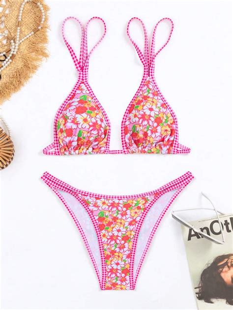 SHEIN Swim Mod Conjunto de Maiô Bikini Estampa Floral e Decote em V para Mulheres Praia de