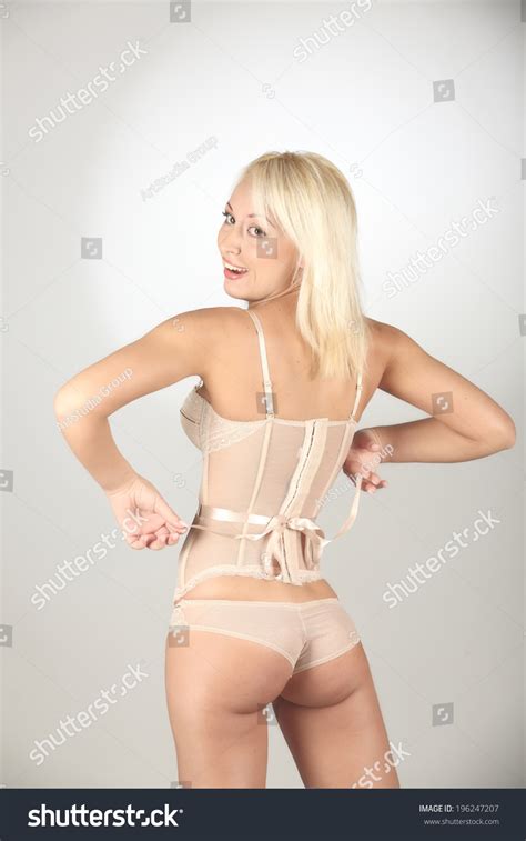 Sensual Woman Posing White Lingerie Studio Stock Photo