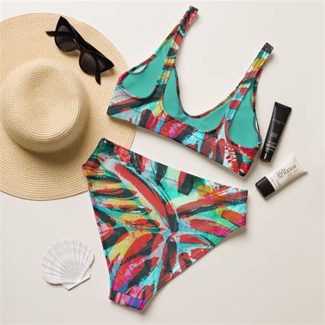 Neon Bikini Florales Muster Hawaiianisches Muster Recycelter Bikini Mit Hoher Taille Boho Style