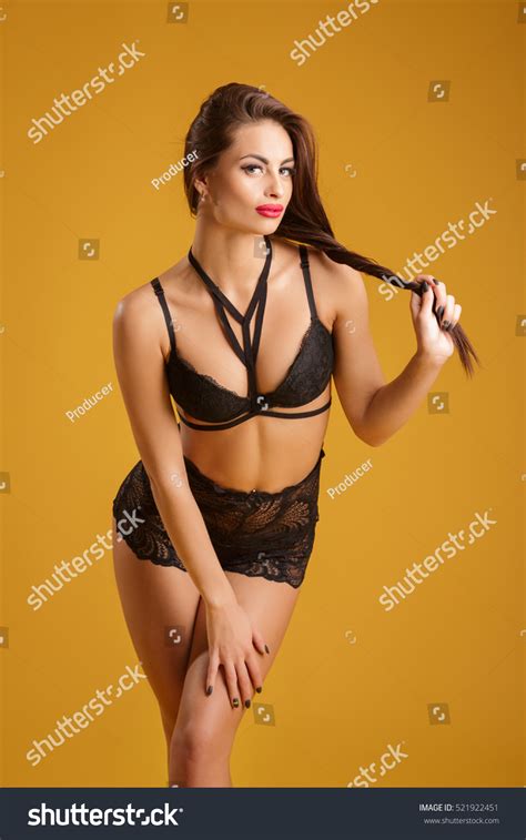 Beautiful Sexy Brunette Woman Erotic Black Stock Photo