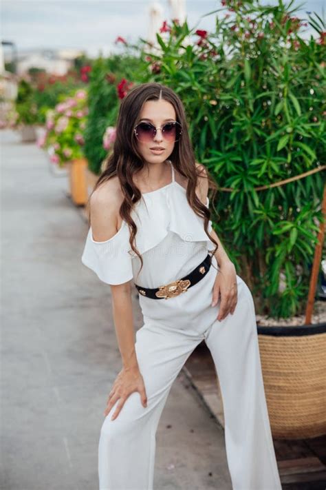 Beautiful Brunette Woman White Suit Posing Flower Bed Stock Photos Free Royalty Free Stock