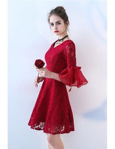 Burgundy Short Aline Lace Homecoming Party Dress Bell Sleeves Bls86075