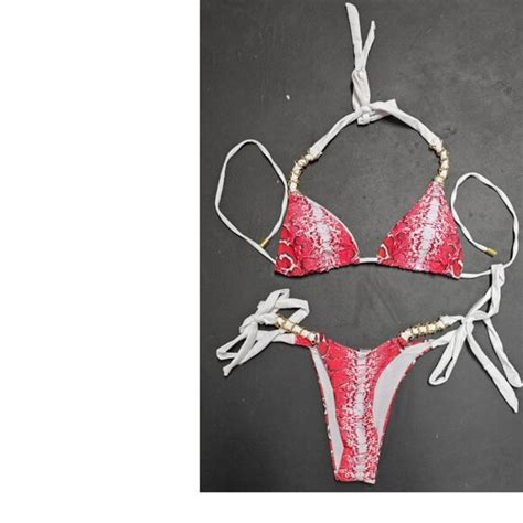 Swim Redwhite Snakeskin Piece Bikini With Gold Chain Detailing