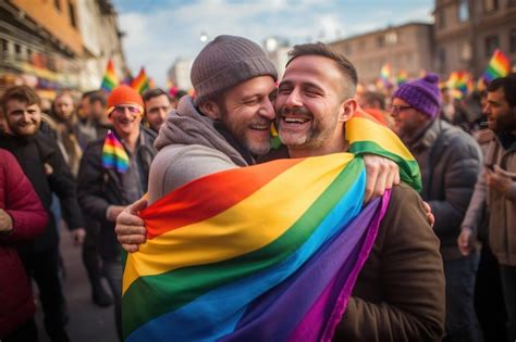 Una Feliz Pareja Gay Envuelta En Una Bandera Arco Ris Que Representa El Orgullo Lgbtq Uno
