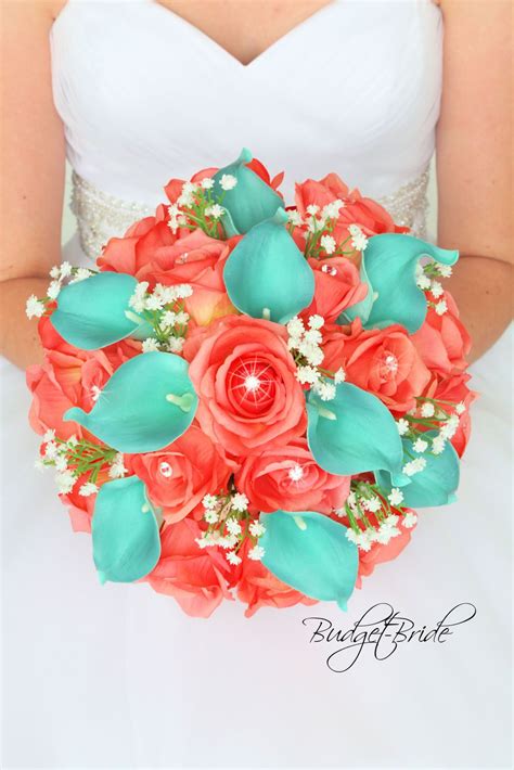 Coral Reef Davids Bridal Wedding Bouquet And Teal Real Touch Calla