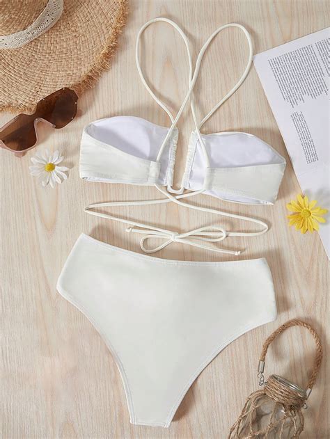 Bikinx Solid Color Split Bikini With U Shape Wire Criss Cross Strappy Back And D Flower