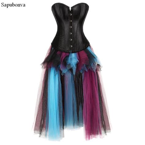 Sapubonva Sexy Gothic Victorian Corset Dress Overbust Corsets And Bustiers Long Skirt Set Mixed