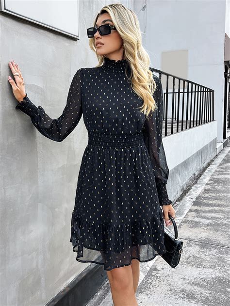 Shein Essnce Vestido Con Estampado De Lunares Dorados De Cuello Con