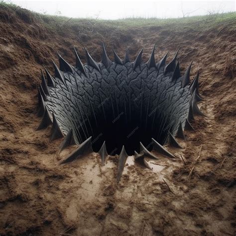 There is a hole in the ground with spikes sticking out of it generative