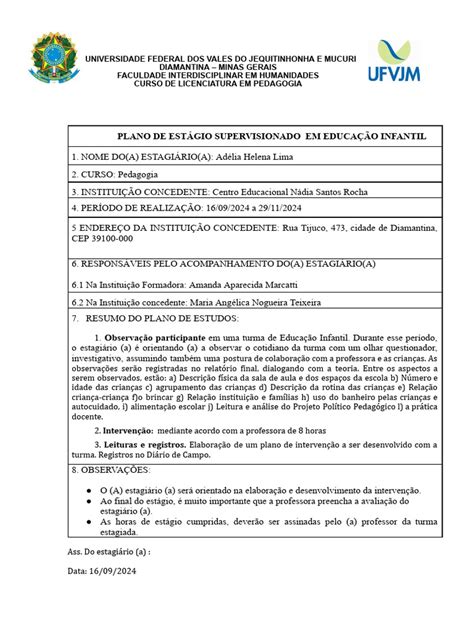 Planejamento De Estagio - Plano de Atividades de Estágio | PDF