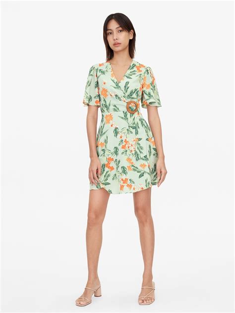 Orchid Print Wood Buckle Dress Green Pomelo Fashion