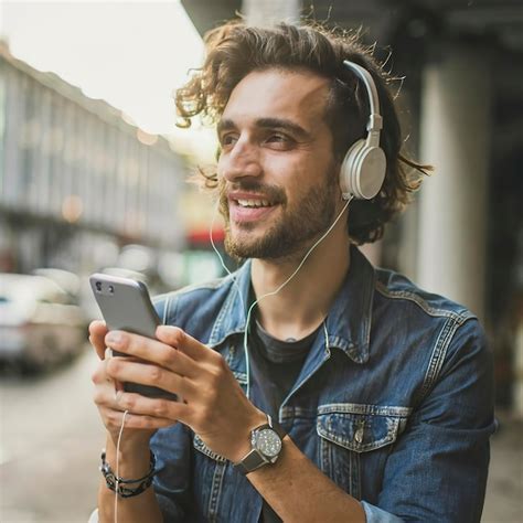 Premium Photo The Young Handsome Happy Hipster Man Listening Music