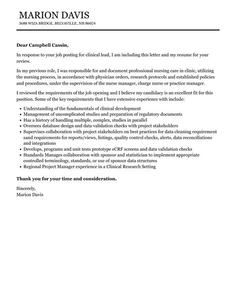 Clinical Lead Cover Letter Velvet Jobs