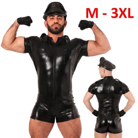 Men Leather Shirts Erotic Wetlook Fetish Faux Leather COP Police Uniform Costumes Sexy Men Gay