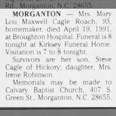 Obituary For Mary Lou Maxwell Cagle Roach Aged Newspapers