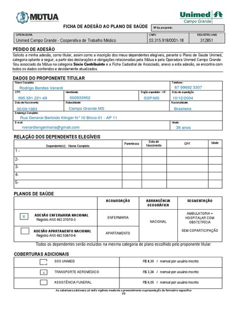 O Que É Data De Adesão - Ficha de Adesão ao Plano Unimed | PDF