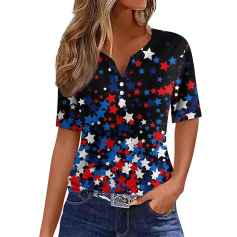 4th Of July Tops For Woman Short Sleeve Cotton Shirts Buttons Casual