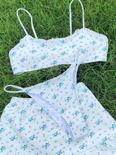 Miyouj Fresh Bikinis Floral Swimsuit Summer Bikini Set 3 Piece Suits String Bathing Suits