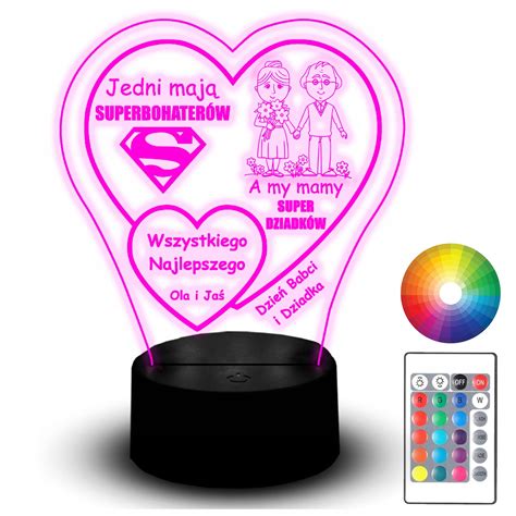 Lampka Nocna LED Statuetka RGB 3D Grawer Serce Życzenia Dzień Babci