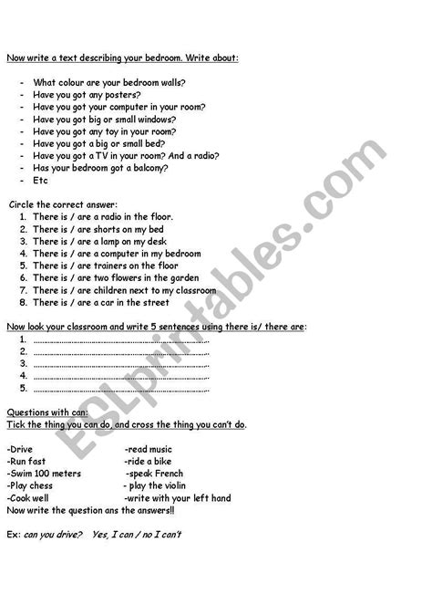 English Worksheets Describing Your Room