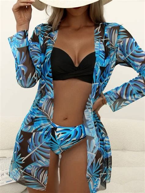 Sexy Pieces Bikini Set Women Cover Up Swimwear Female Tropical Printed Swimsuit Beachwear