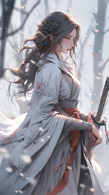 Anime girl with sword in snowy forest with snow flakes generative ai ...