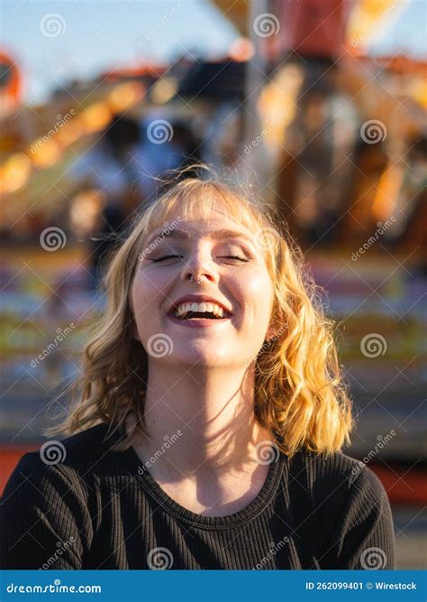 Happy Blonde Spanish Woman In The Amusement Park Stock Image Image Of Lady Outdoors 262099401