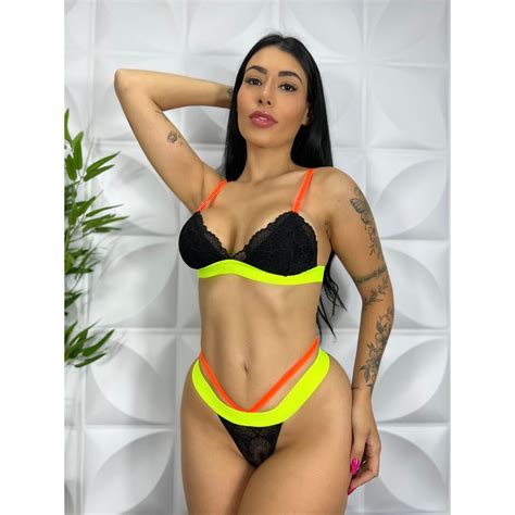 Conjunto Lingerie Neon Sexy Strappy Feminino Shopee Brasil