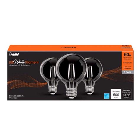 Feit White Filament G25 E26 Medium Filament Led Bulb Soft White 60 Watt Equivalence 3 Pk Ace