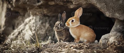 Two rabbits play near their burrow in nature 64997494 Stock Photo at