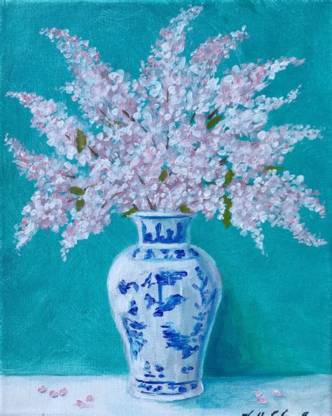 Pink Blossoms In Blue And White Vase Etsy Blue And White Vase Pink