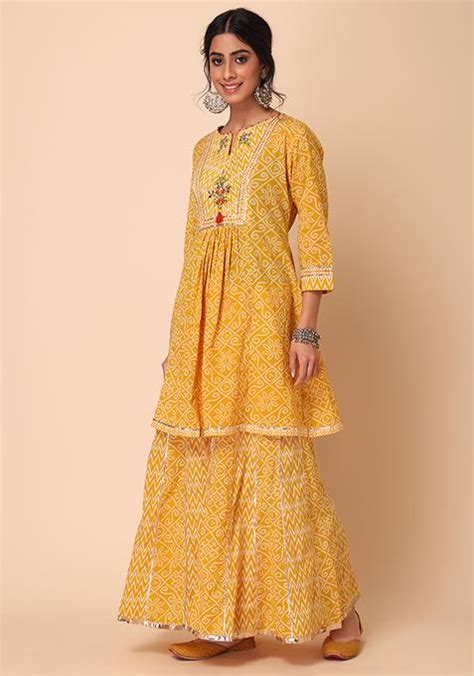 Buy Women Yellow Bandhani Print Cotton Short Anarkali Kurta With