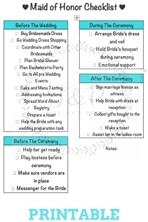 Keep Track Of All Maid Of Honor Duties With This Checklist Printable