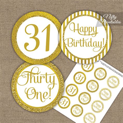 31st Birthday Cupcake Toppers - All Gold - Nifty Printables