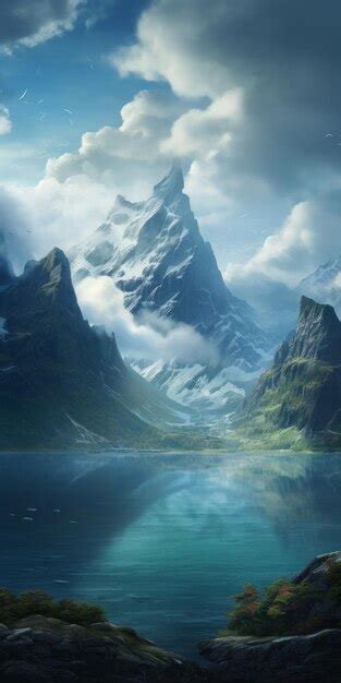 Premium Ai Image Majestic Mountain Fjord Fantasy Landscape Wallpaper