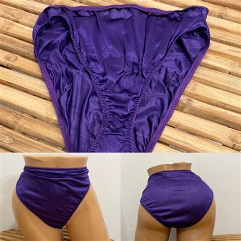 VINTAGE SILKY NYLON HI CUT PURPLE BIKINI PANTY Sz L Gem