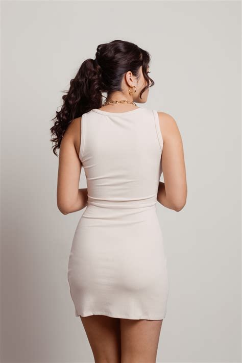 Brown Mini Dress Ribbed Dress Nude Slit Bodycon Dress