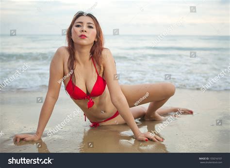 Beautiful Asian Woman Red Bikini Posing Stock Photo 155016101 Shutterstock